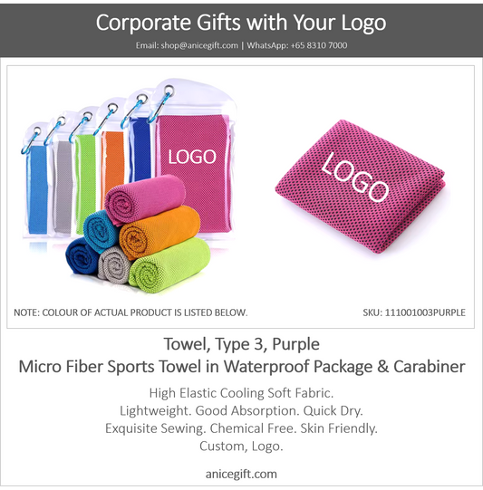 Towel, Type 3, Purple | Micro Fiber Sports Towel in Waterproof Package & Crabiner