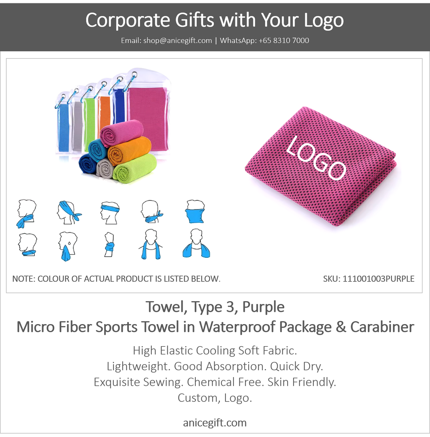 Towel, Type 3, Purple | Micro Fiber Sports Towel in Waterproof Package & Crabiner