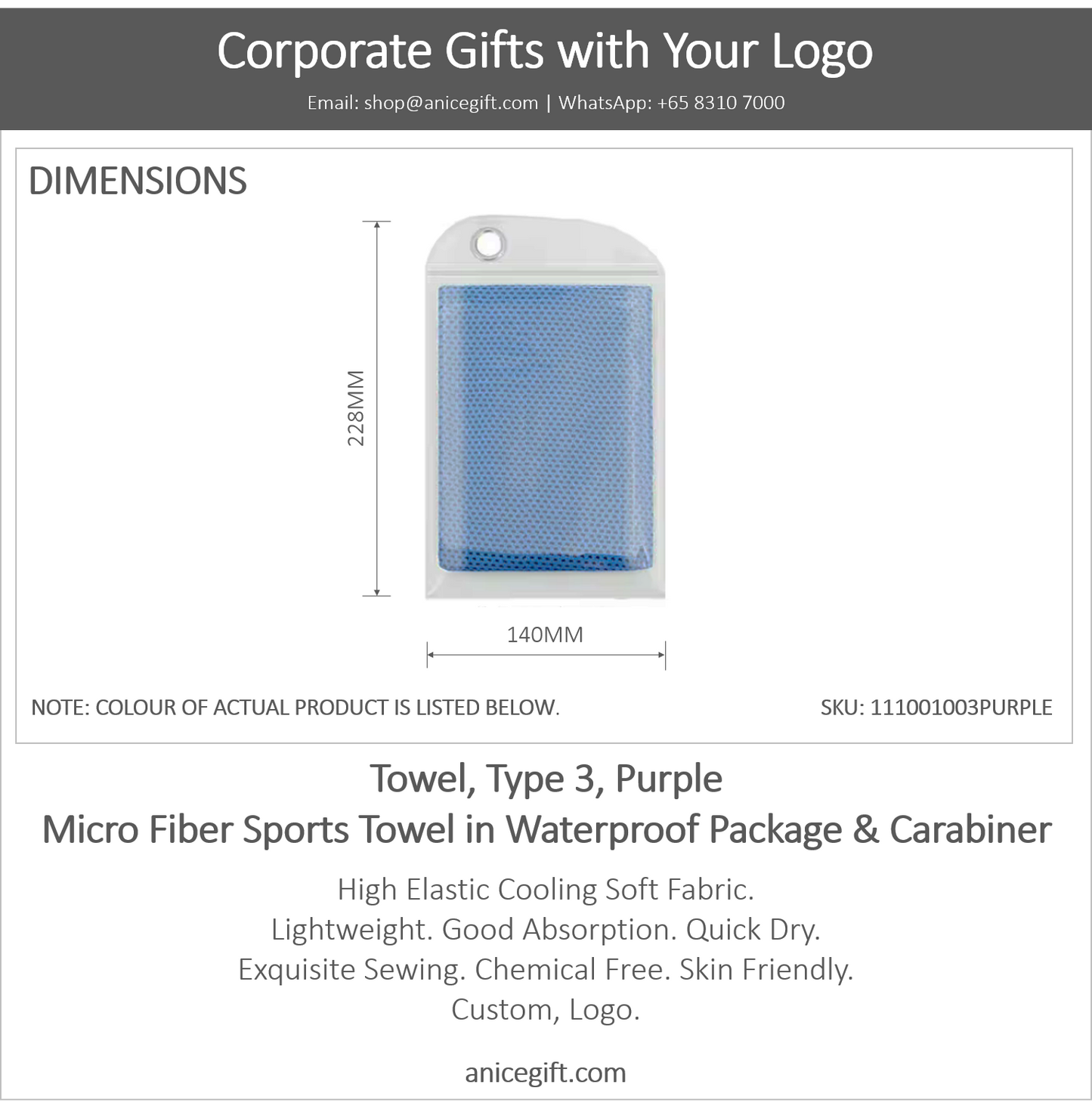 Towel, Type 3, Purple | Micro Fiber Sports Towel in Waterproof Package & Crabiner