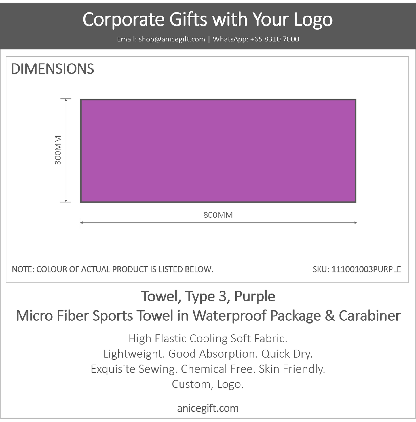 Towel, Type 3, Purple | Micro Fiber Sports Towel in Waterproof Package & Crabiner