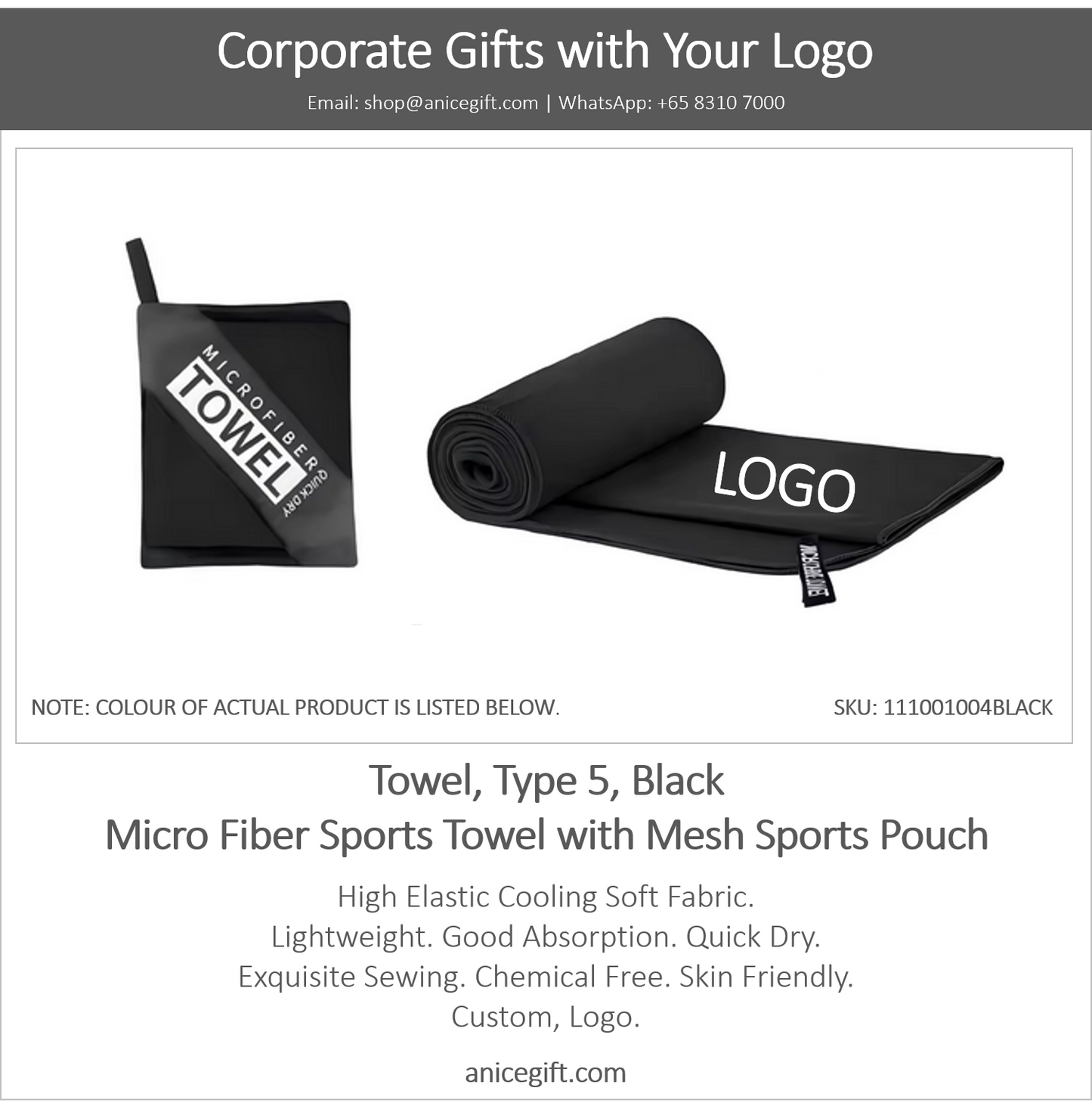 Towel, Type 5, Black | Micro Fiber Sports Towel with Mesh Sports Pouch