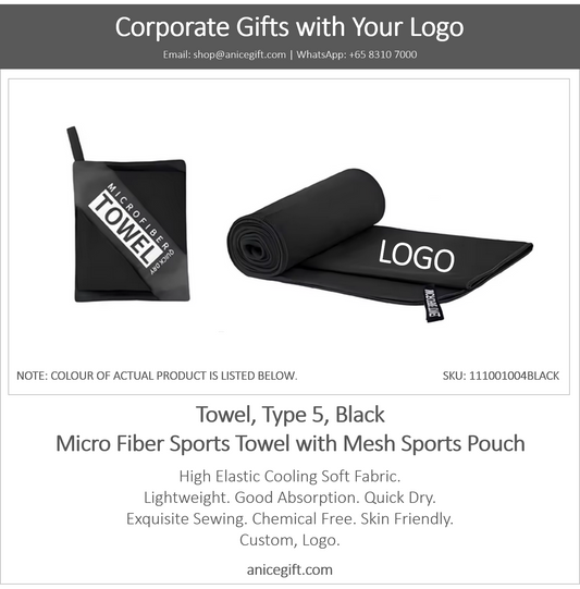 Towel, Type 5, Black | Micro Fiber Sports Towel with Mesh Sports Pouch