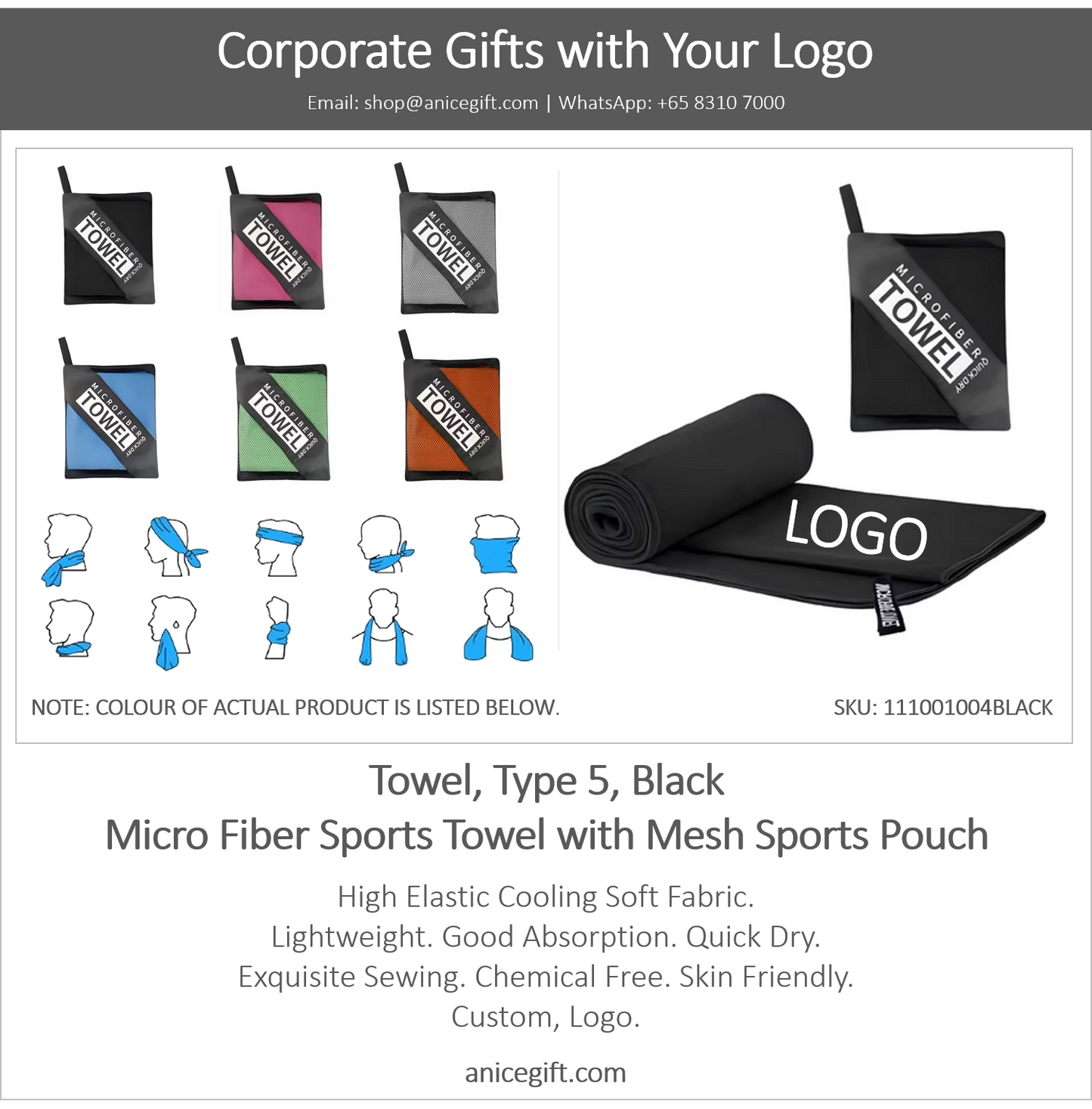 Towel, Type 5, Black | Micro Fiber Sports Towel with Mesh Sports Pouch