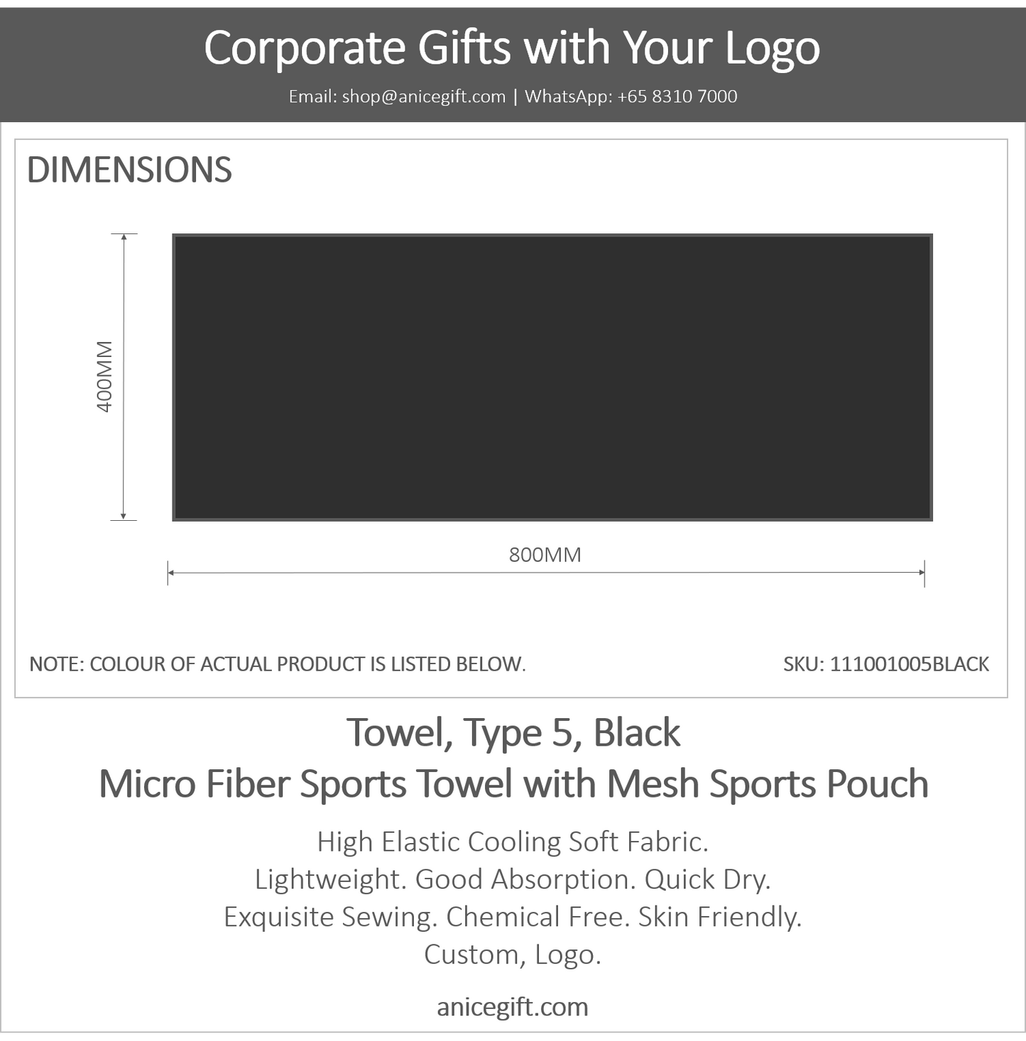 Towel, Type 5, Black | Micro Fiber Sports Towel with Mesh Sports Pouch