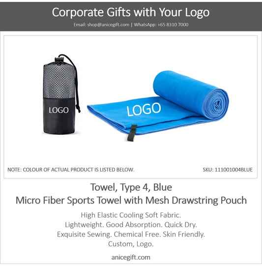 Towel, Type 4, Blue | Micro Fiber Sports Towel with Mesh Drawstring Pouch