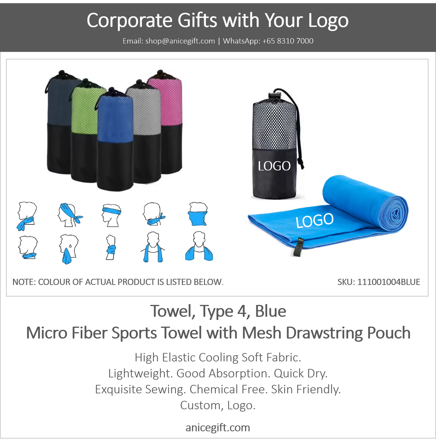 Towel, Type 4, Blue | Micro Fiber Sports Towel with Mesh Drawstring Pouch