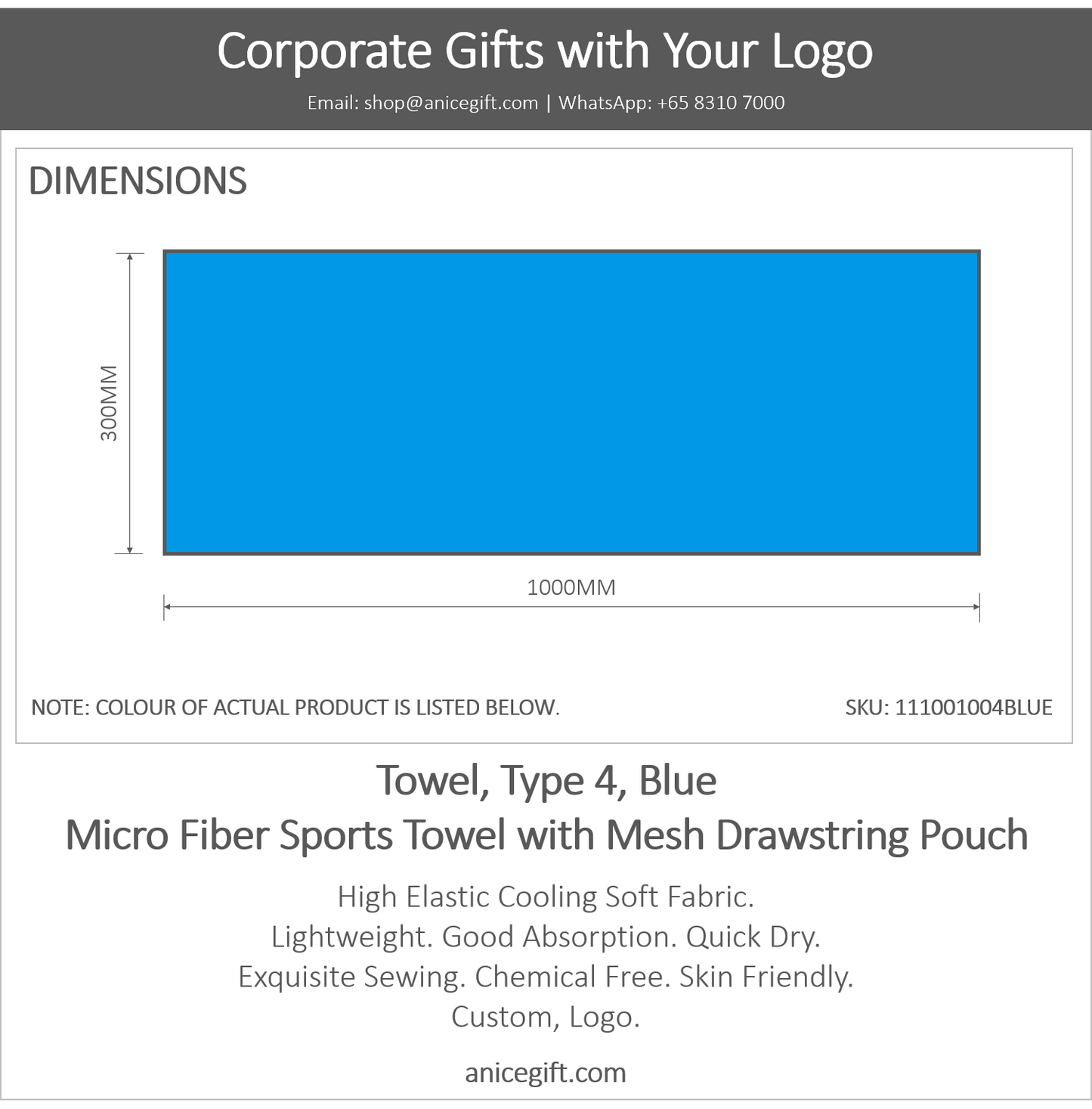 Towel, Type 4, Blue | Micro Fiber Sports Towel with Mesh Drawstring Pouch