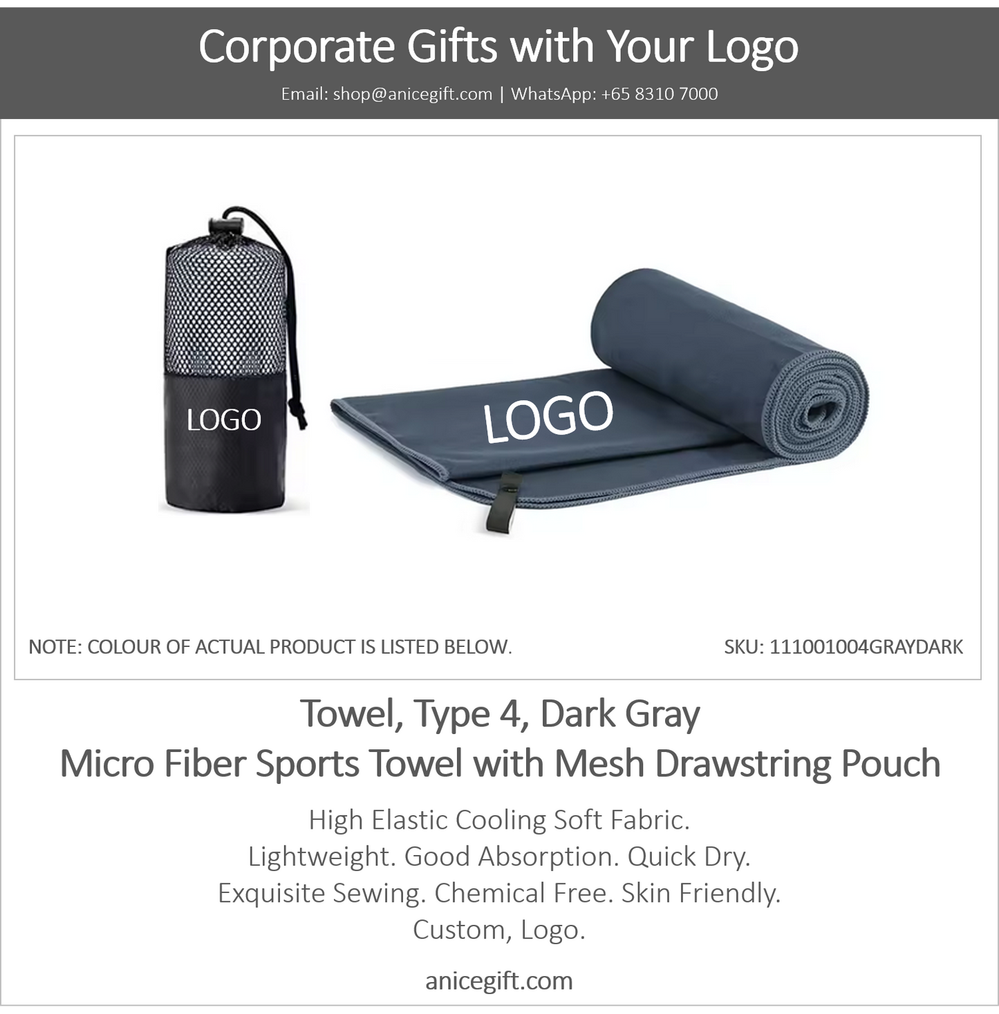 Towel, Type 4, Dark Gray | Micro Fiber Sports Towel with Mesh Drawstring Pouch