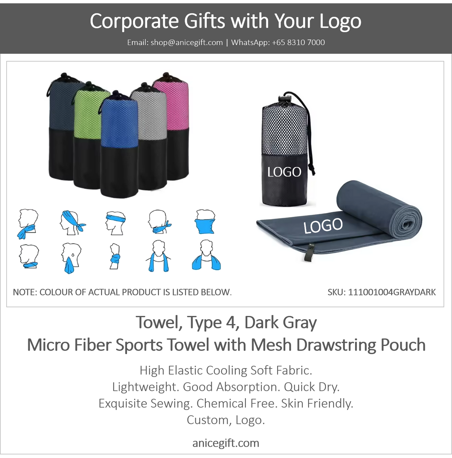 Towel, Type 4, Dark Gray | Micro Fiber Sports Towel with Mesh Drawstring Pouch
