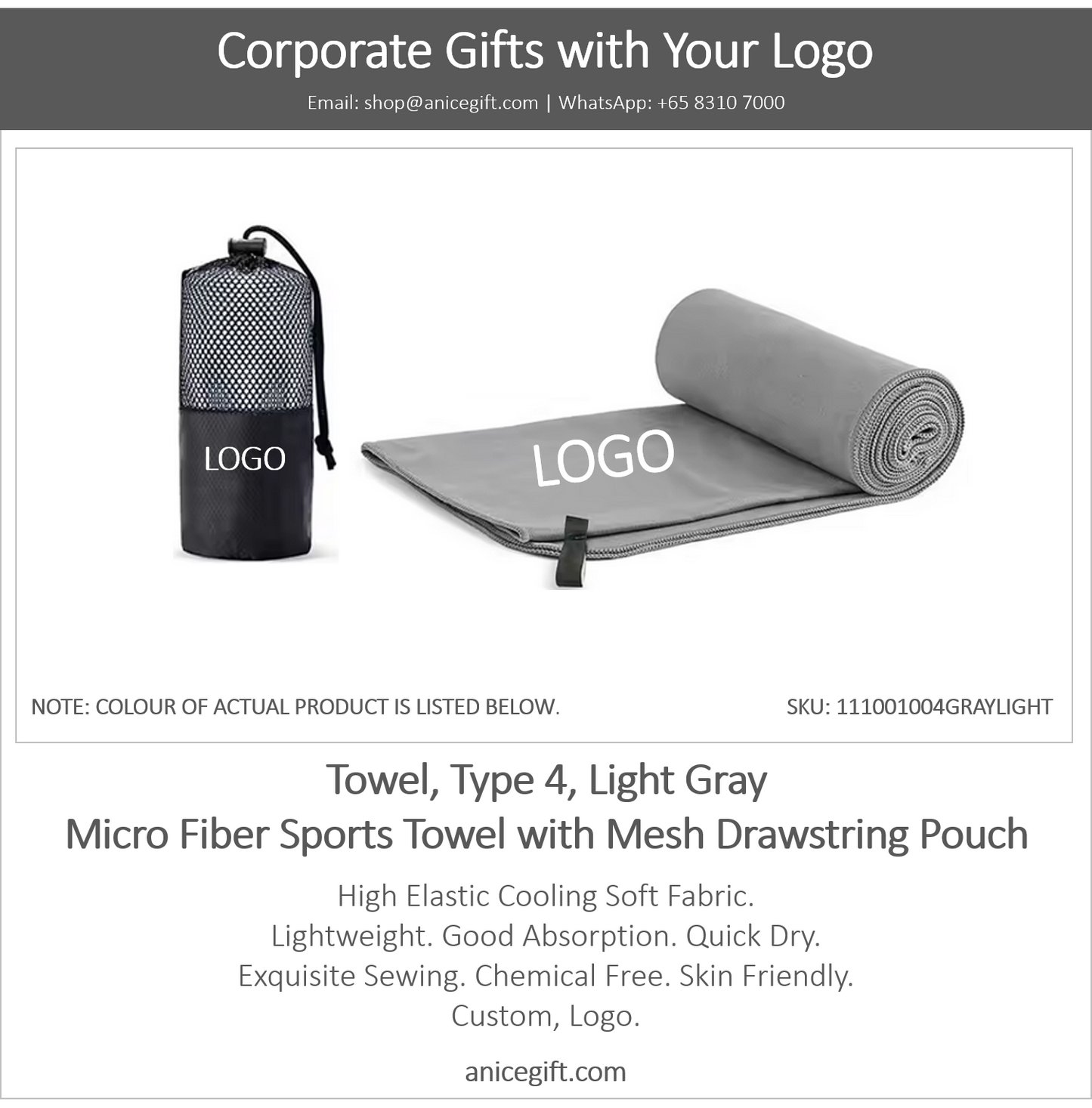 Towel, Type 4, Light Gray | Micro Fiber Sports Towel with Mesh Drawstring Pouch