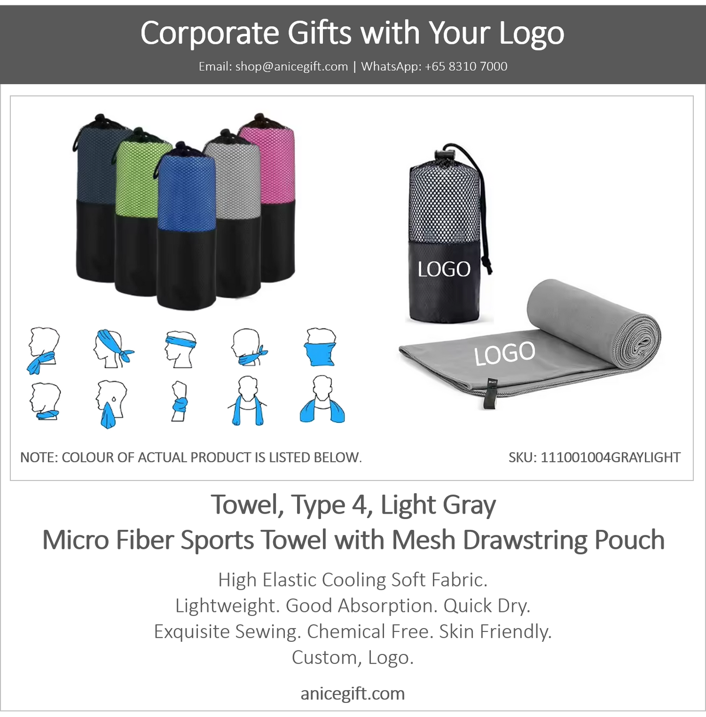 Towel, Type 4, Light Gray | Micro Fiber Sports Towel with Mesh Drawstring Pouch