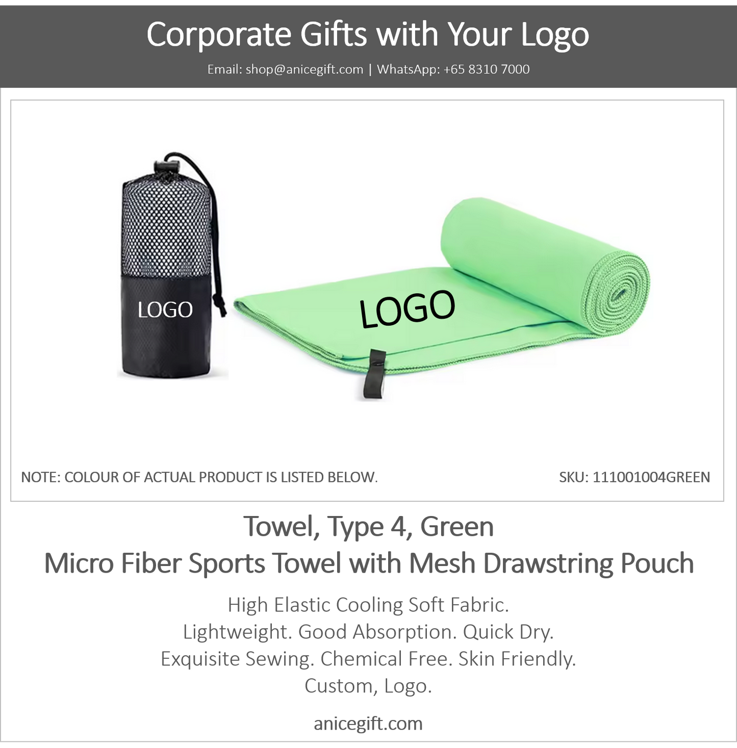 Towel, Type 4, Green | Micro Fiber Sports Towel with Mesh Drawstring Pouch