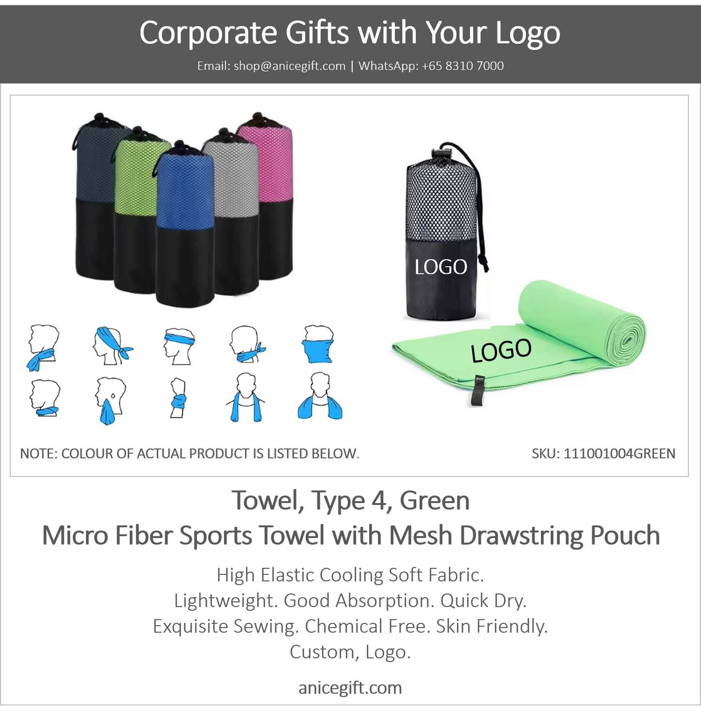 Towel, Type 4, Green | Micro Fiber Sports Towel with Mesh Drawstring Pouch