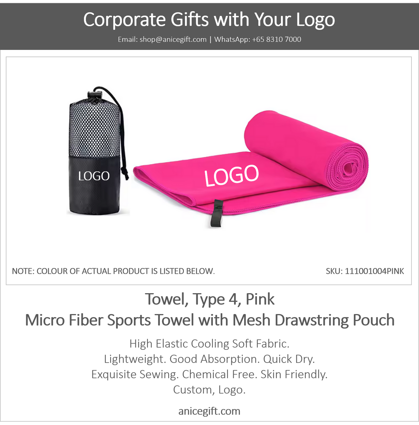 Towel, Type 4, Pink | Micro Fiber Sports Towel with Mesh Drawstring Pouch