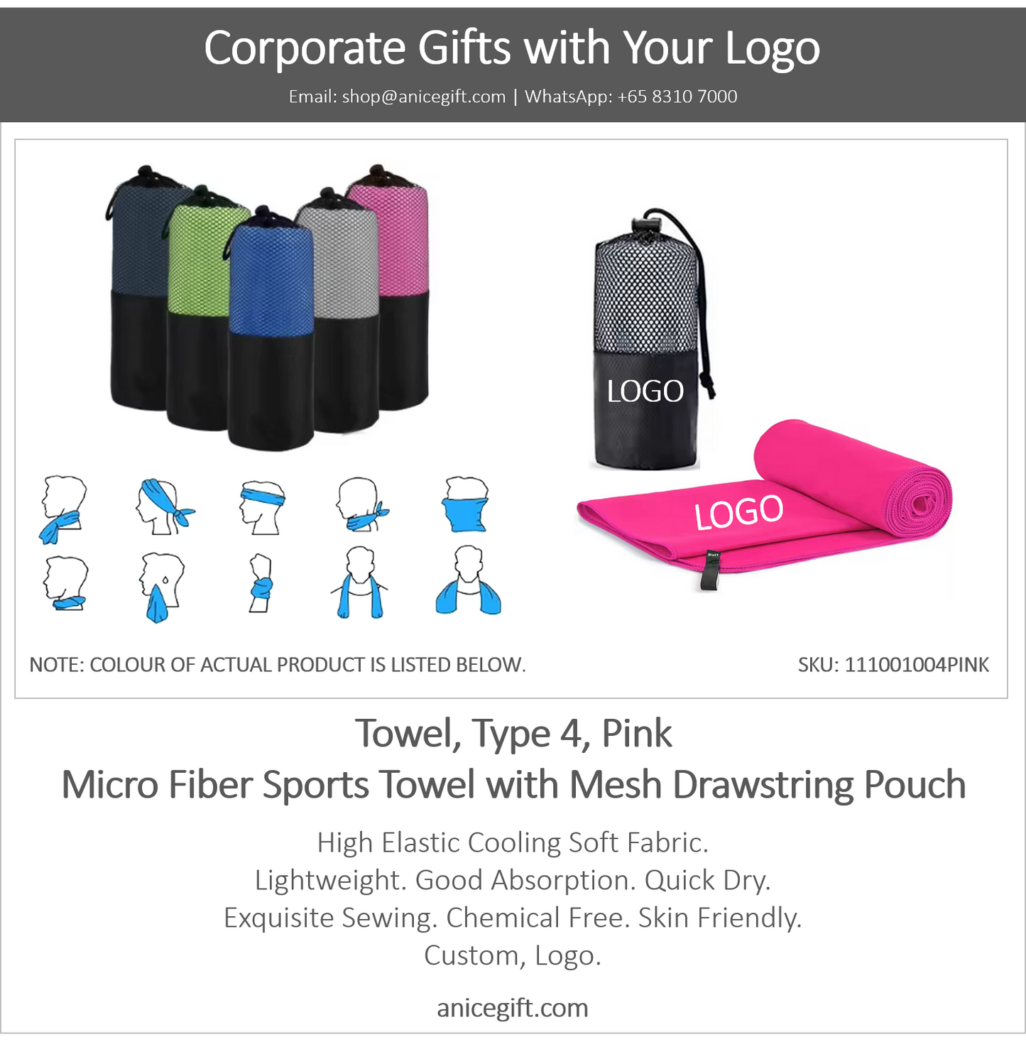 Towel, Type 4, Pink | Micro Fiber Sports Towel with Mesh Drawstring Pouch