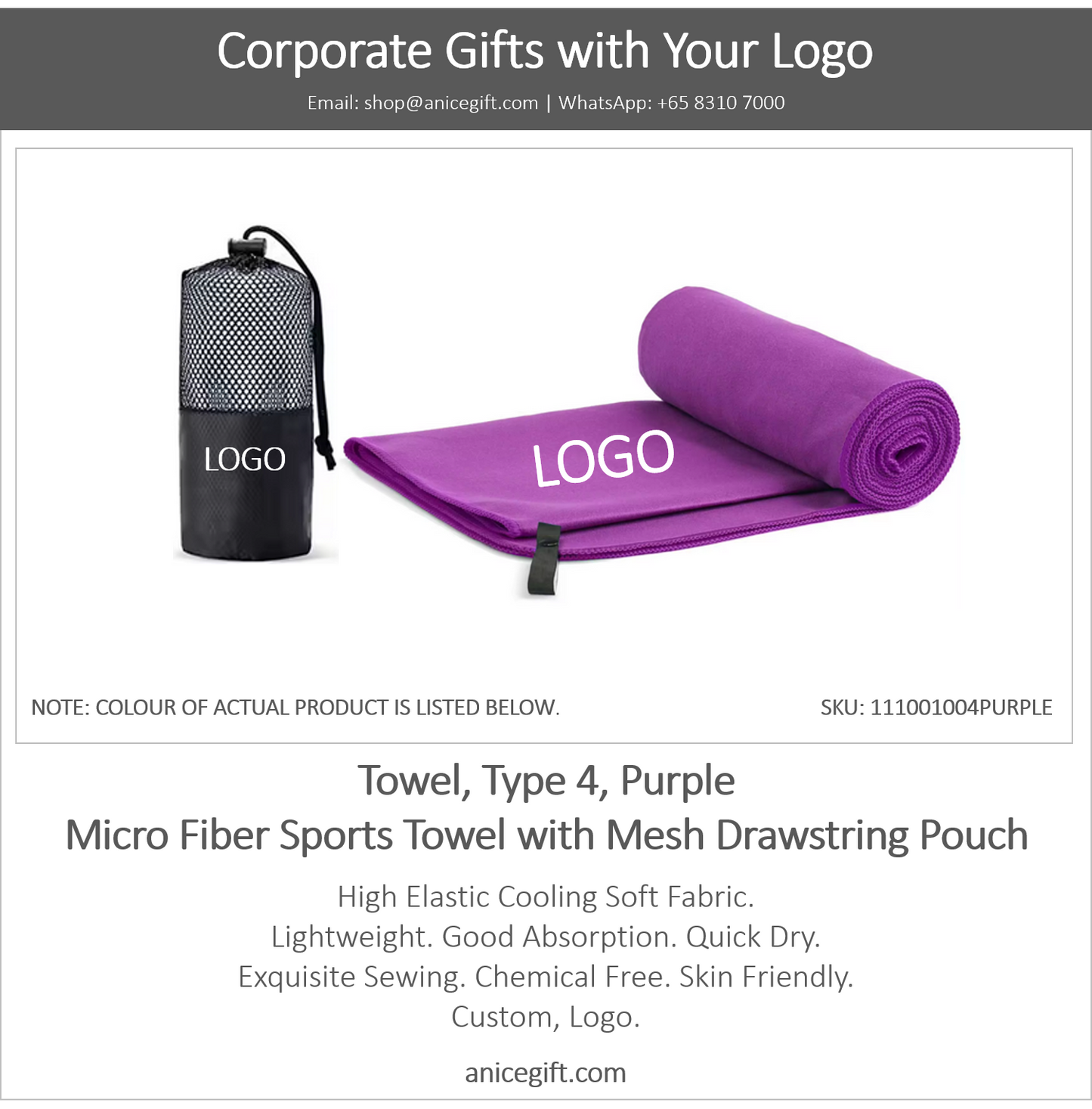 Towel, Type 4, Purple | Micro Fiber Sports Towel with Mesh Drawstring Pouch