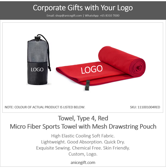 Towel, Type 4, Red | Micro Fiber Sports Towel with Mesh Drawstring Pouch