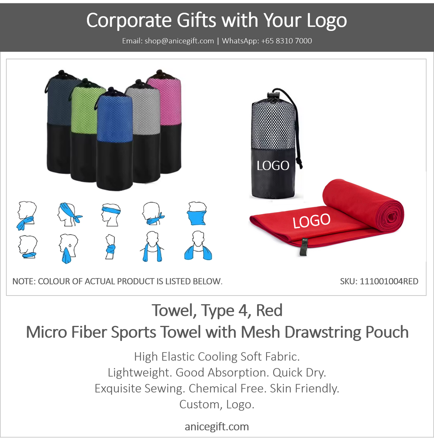 Towel, Type 4, Red | Micro Fiber Sports Towel with Mesh Drawstring Pouch