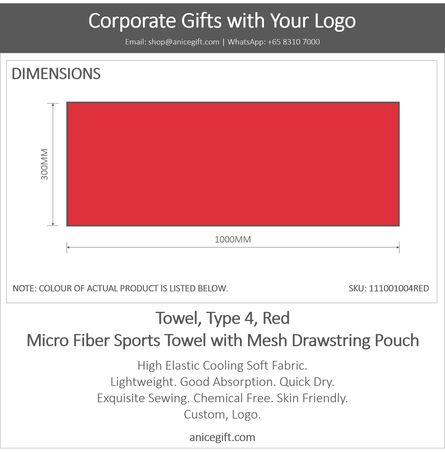 Towel, Type 4, Red | Micro Fiber Sports Towel with Mesh Drawstring Pouch