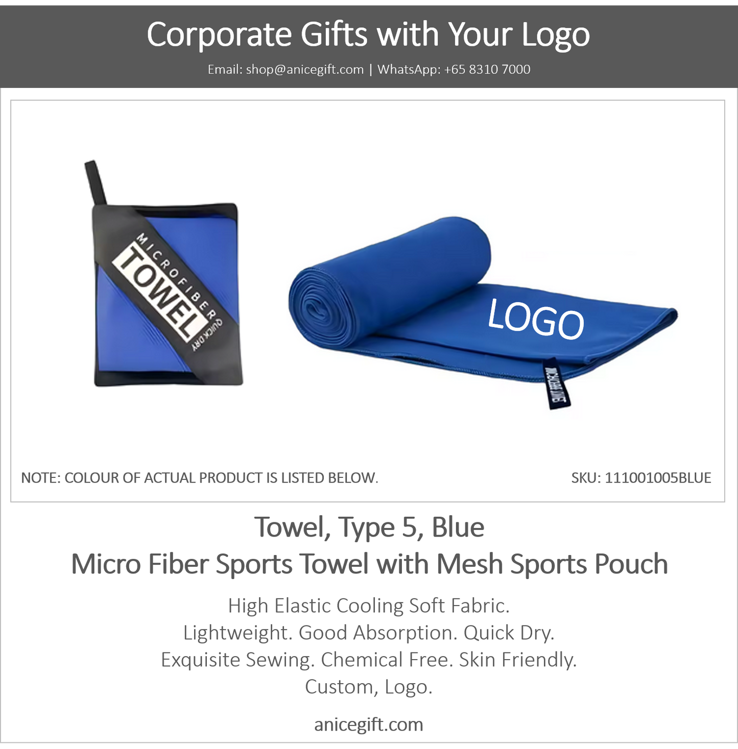 Towel, Type 5, Blue | Micro Fiber Sports Towel with Mesh Sports Pouch