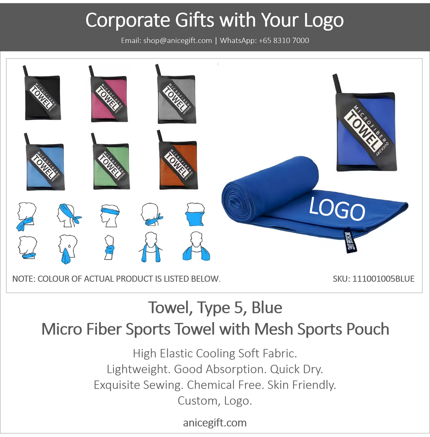 Towel, Type 5, Blue | Micro Fiber Sports Towel with Mesh Sports Pouch