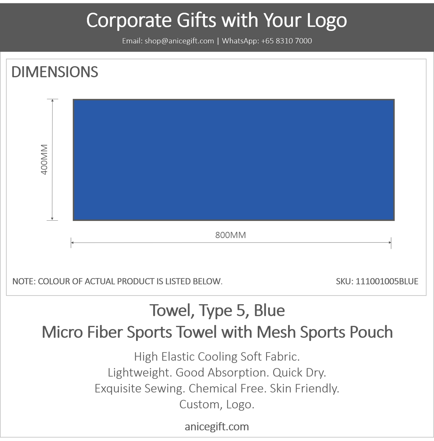 Towel, Type 5, Blue | Micro Fiber Sports Towel with Mesh Sports Pouch