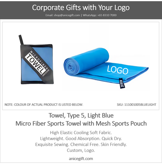 Towel, Type 5, Light Blue | Micro Fiber Sports Towel with Mesh Sports Pouch