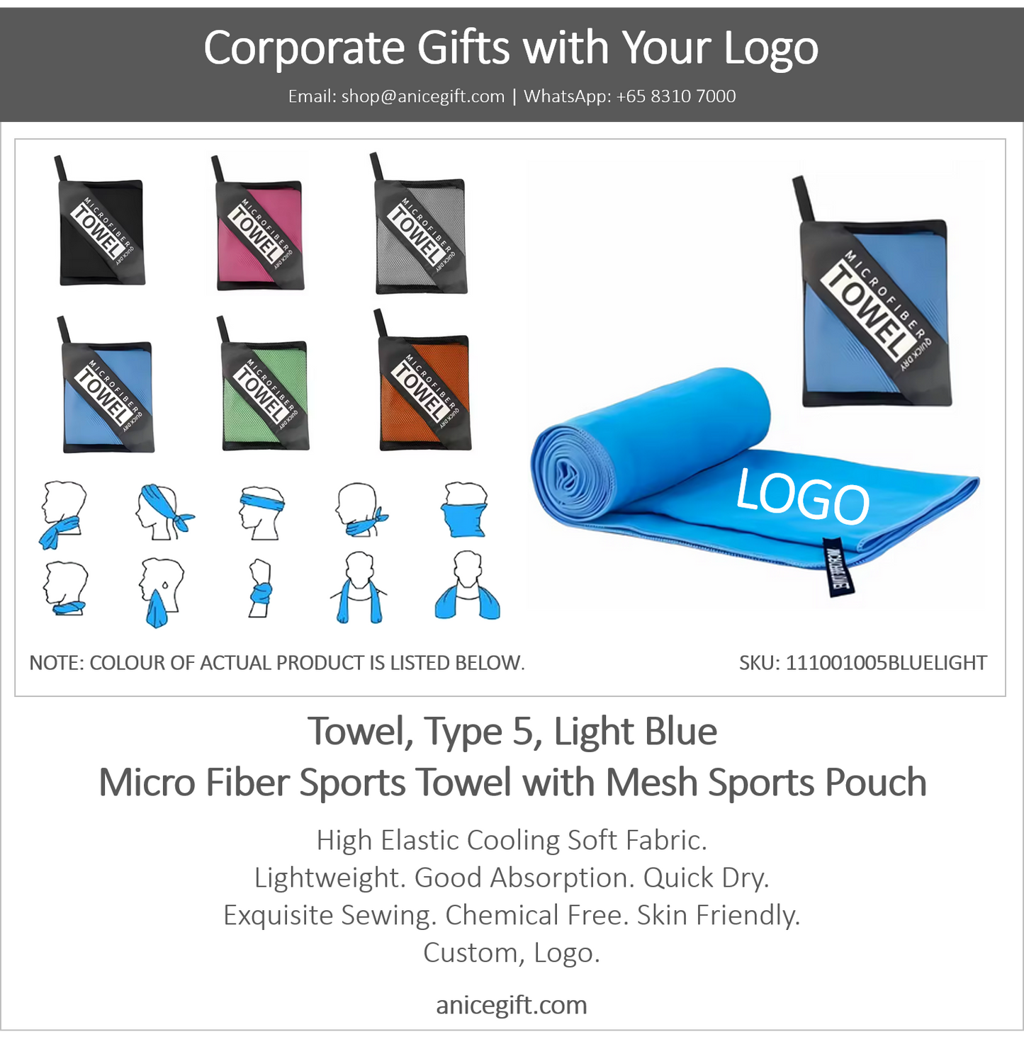 Towel, Type 5, Light Blue | Micro Fiber Sports Towel with Mesh Sports Pouch