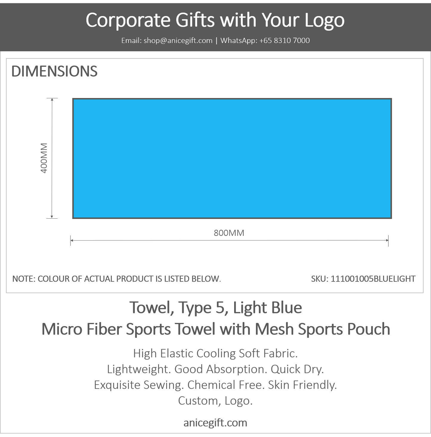 Towel, Type 5, Light Blue | Micro Fiber Sports Towel with Mesh Sports Pouch