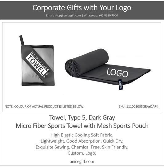 Towel, Type 5, Dark Gray | Micro Fiber Sports Towel with Mesh Sports Pouch