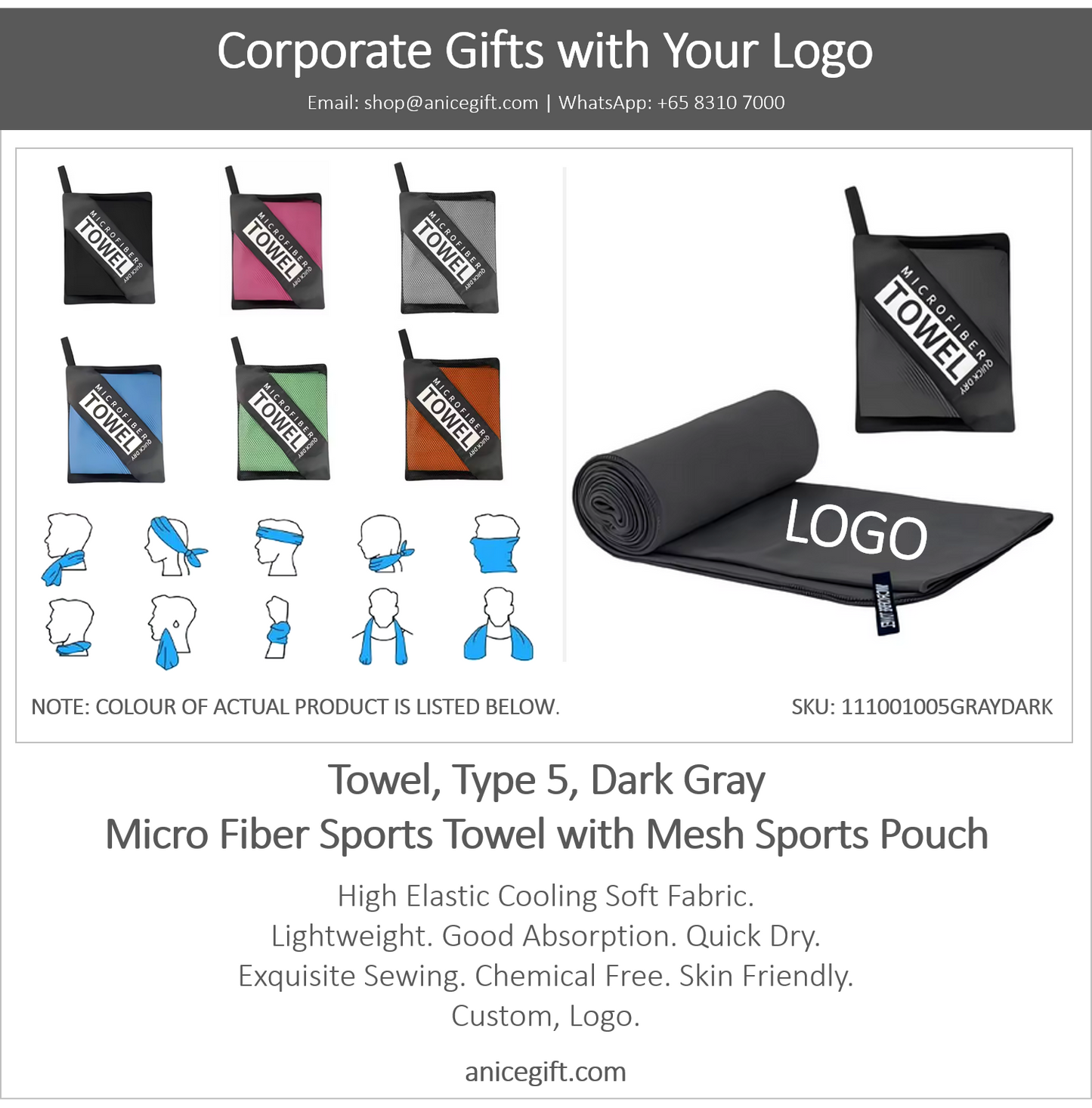 Towel, Type 5, Dark Gray | Micro Fiber Sports Towel with Mesh Sports Pouch