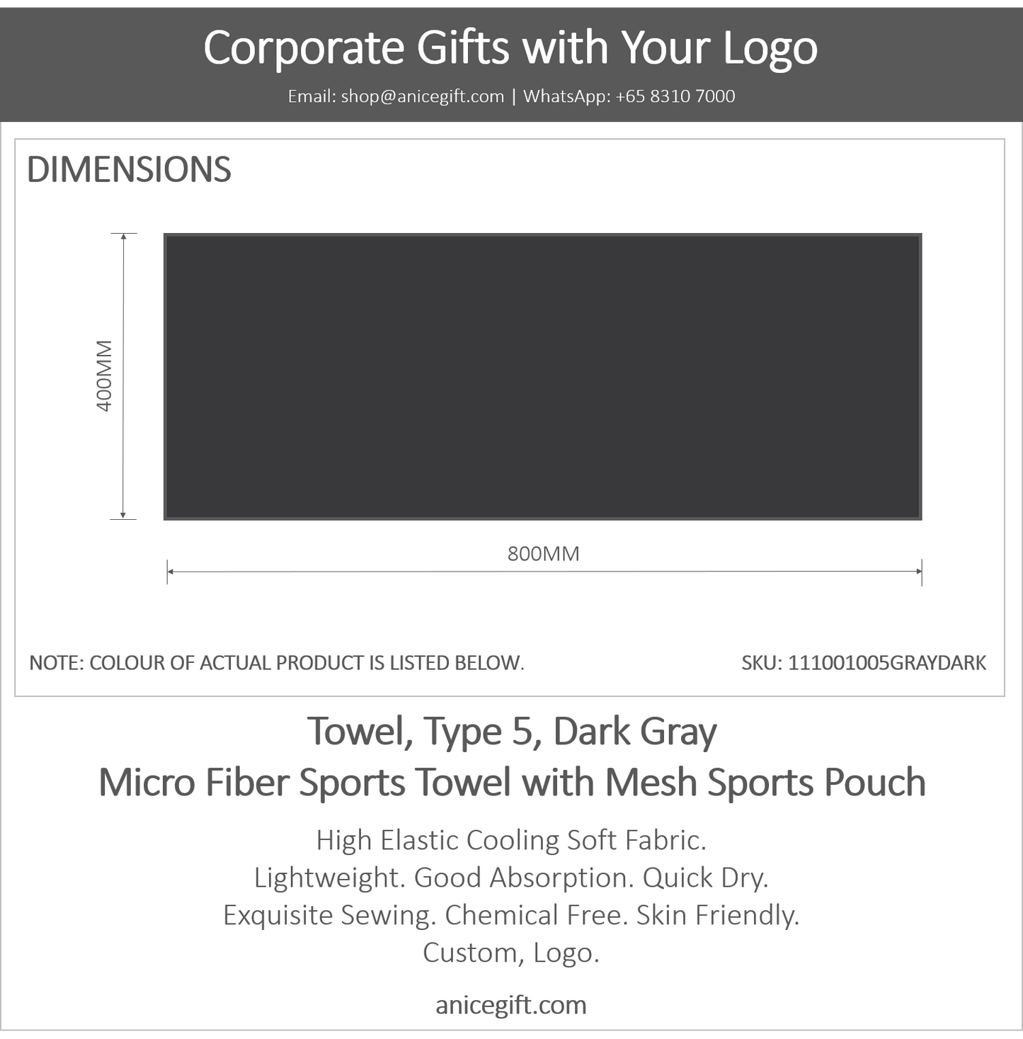 Towel, Type 5, Dark Gray | Micro Fiber Sports Towel with Mesh Sports Pouch