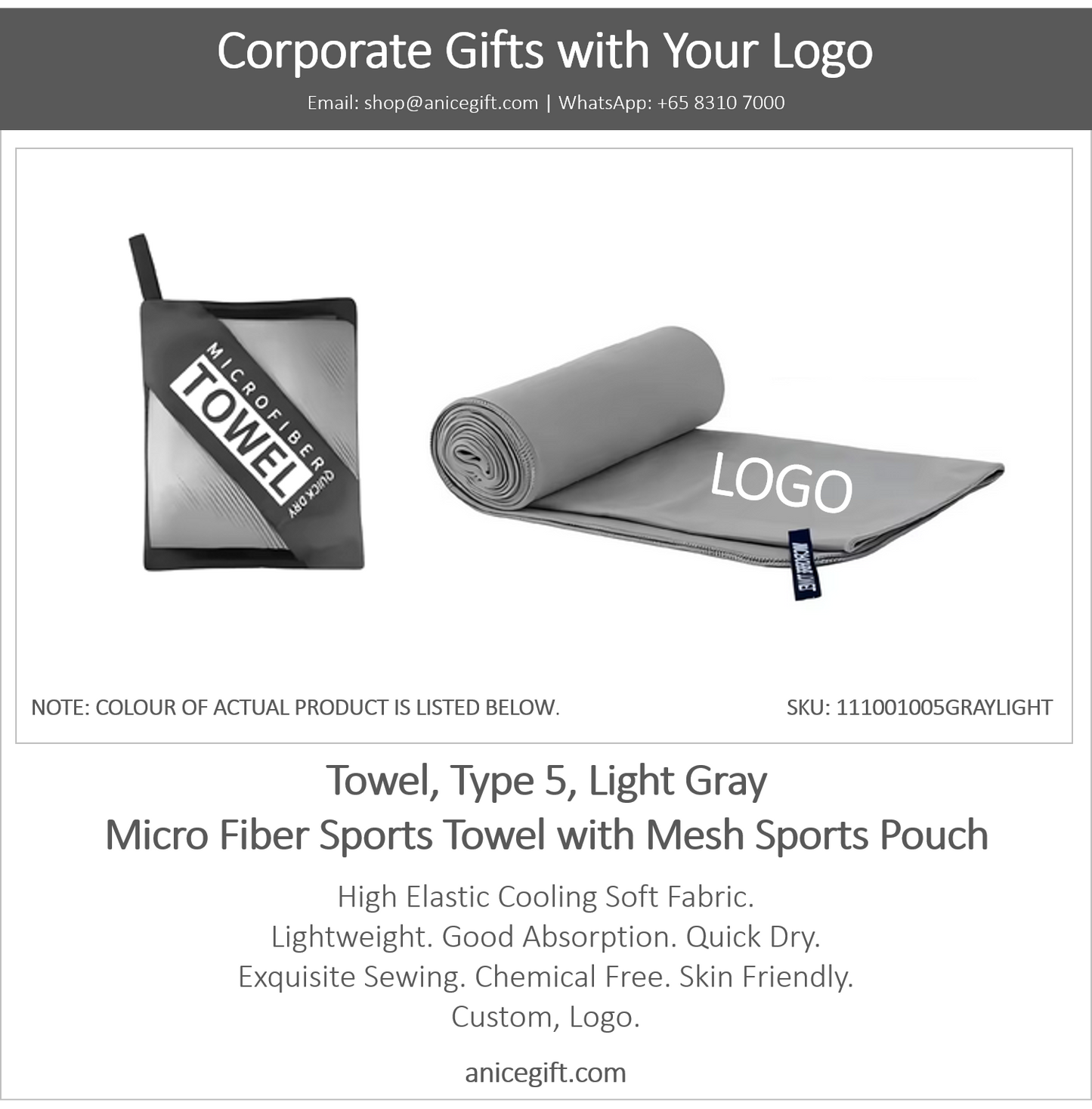 Towel, Type 5, Light Gray | Micro Fiber Sports Towel with Mesh Sports Pouch