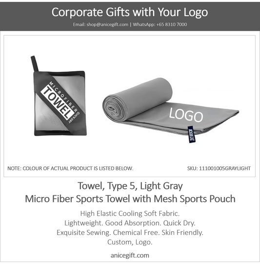 Towel, Type 5, Light Gray | Micro Fiber Sports Towel with Mesh Sports Pouch