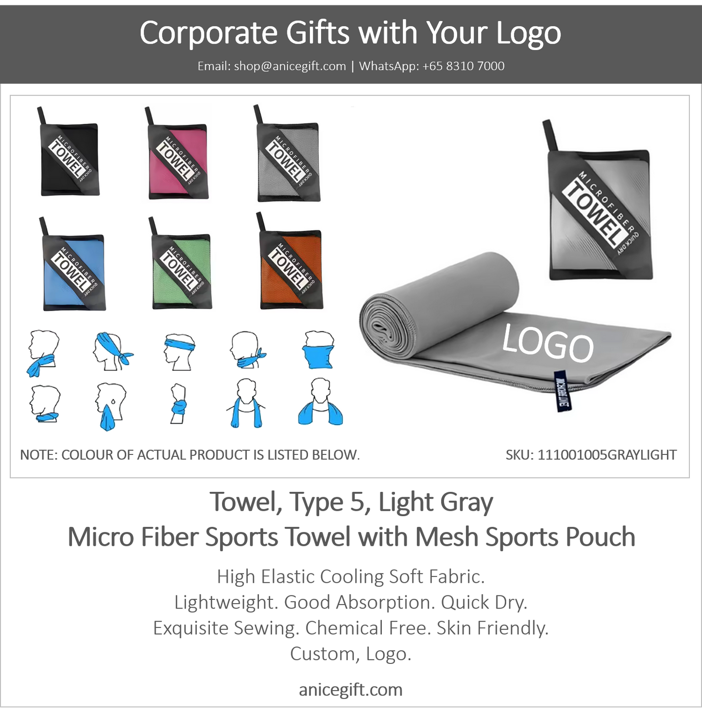 Towel, Type 5, Light Gray | Micro Fiber Sports Towel with Mesh Sports Pouch
