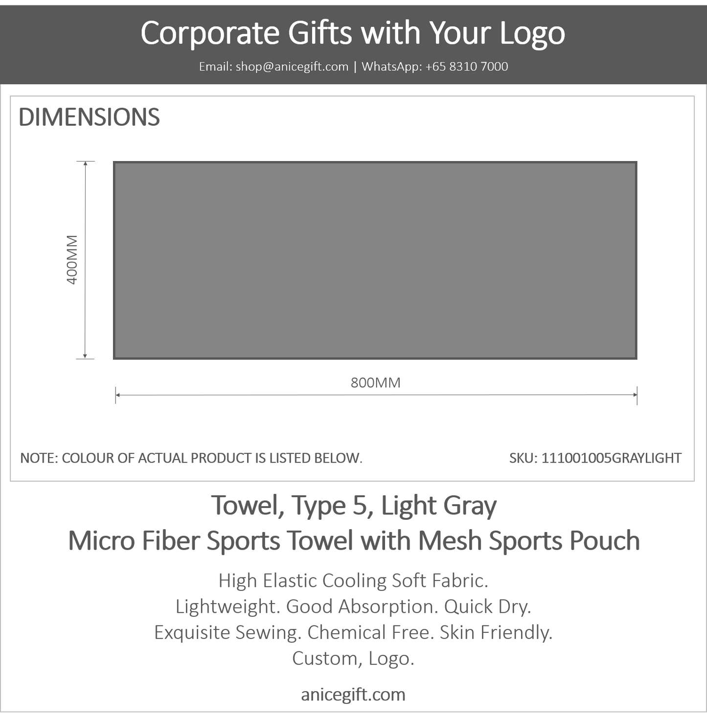 Towel, Type 5, Light Gray | Micro Fiber Sports Towel with Mesh Sports Pouch
