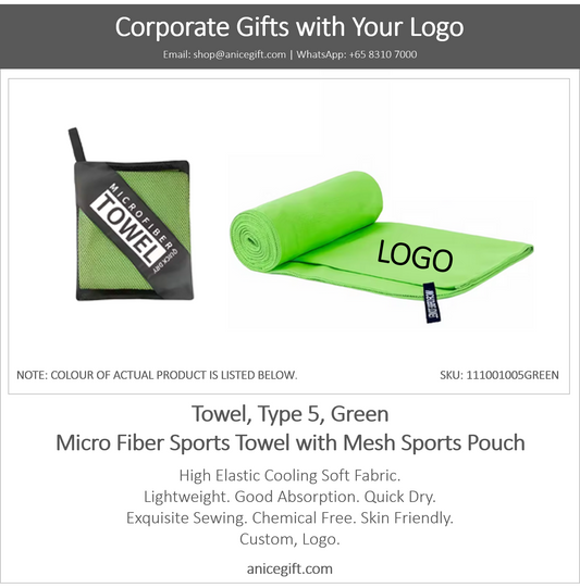 Towel, Type 5, Green | Micro Fiber Sports Towel with Mesh Sports Pouch