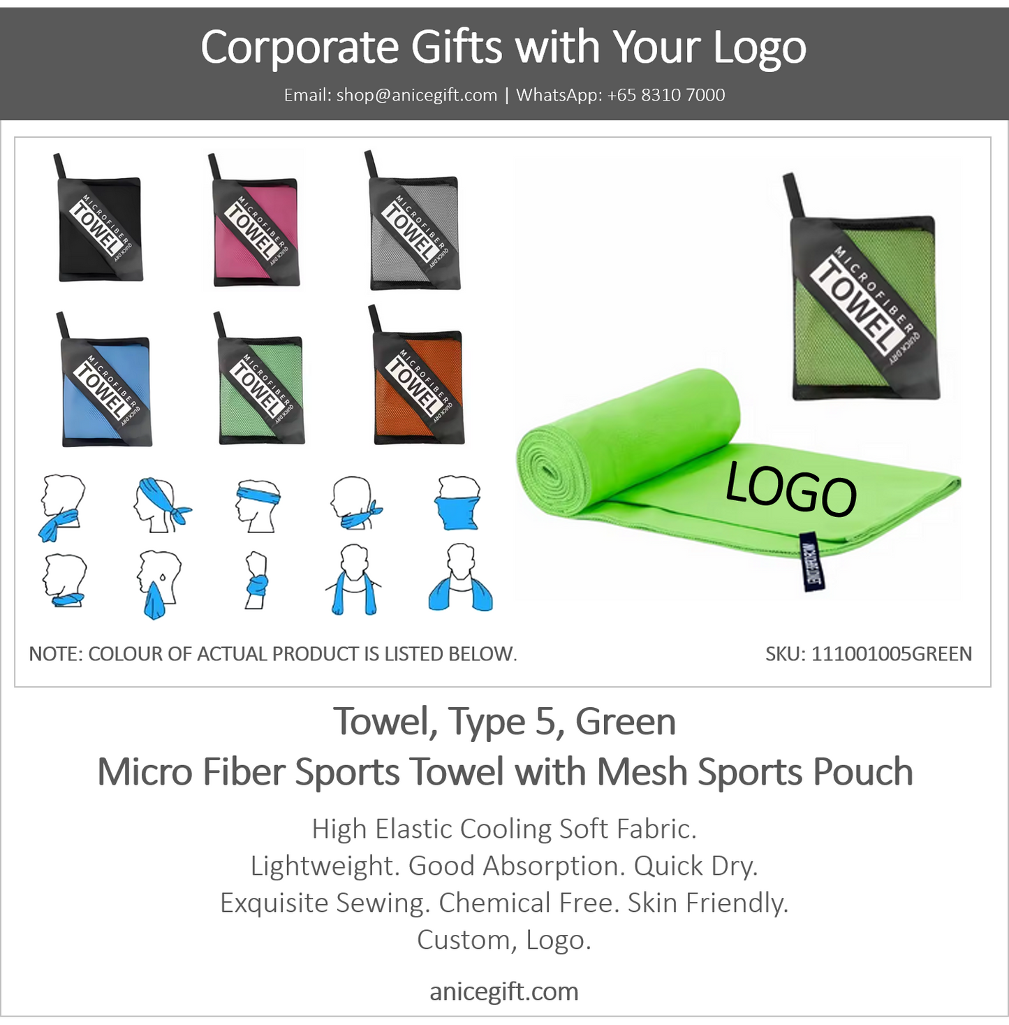 Towel, Type 5, Green | Micro Fiber Sports Towel with Mesh Sports Pouch
