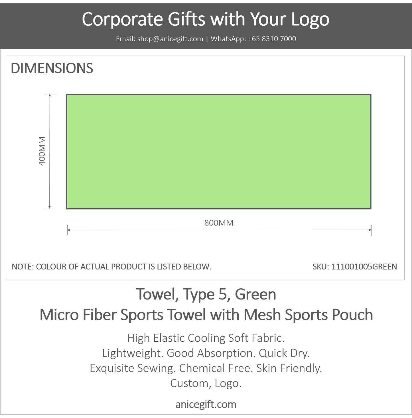 Towel, Type 5, Green | Micro Fiber Sports Towel with Mesh Sports Pouch