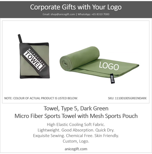 Towel, Type 5, Dark Green | Micro Fiber Sports Towel with Mesh Sports Pouch