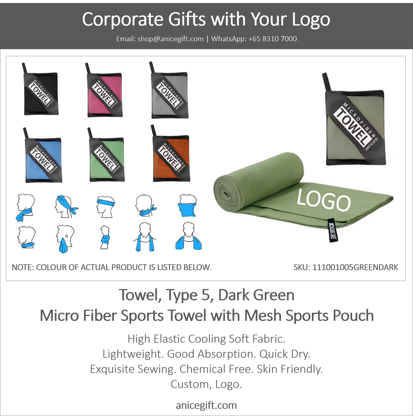 Towel, Type 5, Dark Green | Micro Fiber Sports Towel with Mesh Sports Pouch