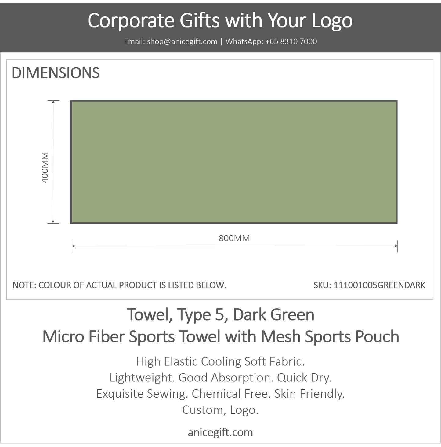 Towel, Type 5, Dark Green | Micro Fiber Sports Towel with Mesh Sports Pouch