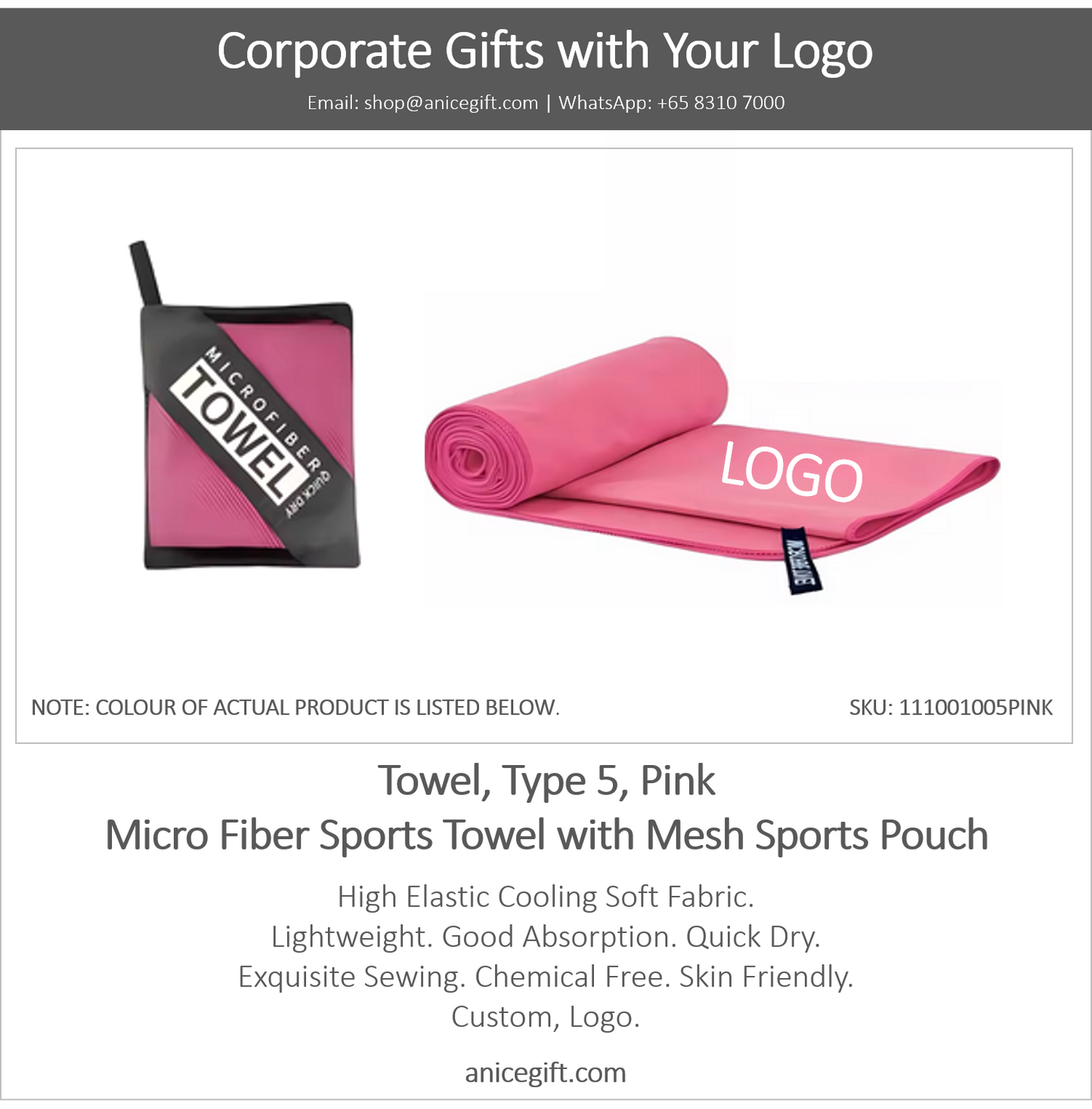 Towel, Type 5, Pink | Micro Fiber Sports Towel with Mesh Sports Pouch