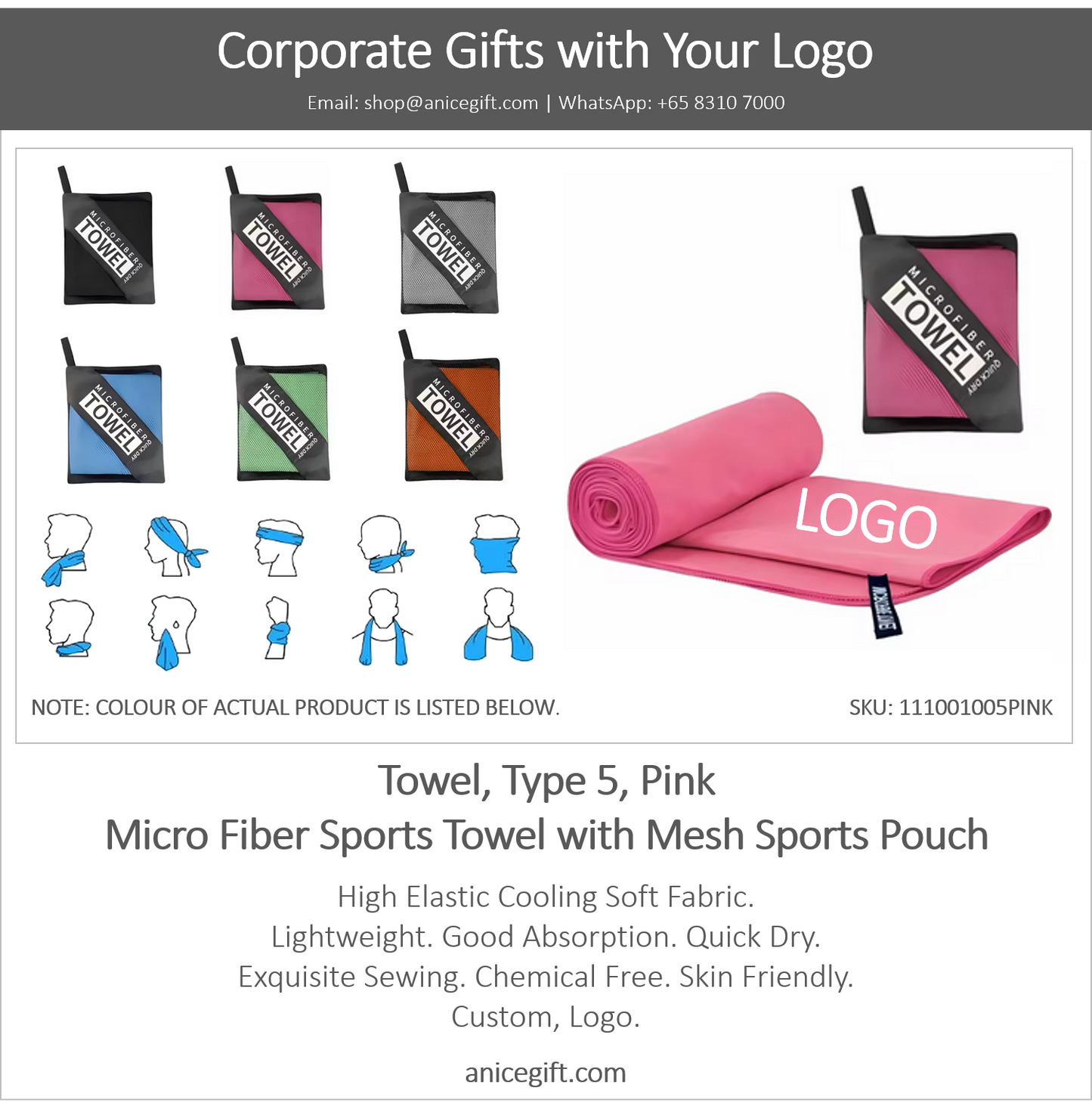 Towel, Type 5, Pink | Micro Fiber Sports Towel with Mesh Sports Pouch
