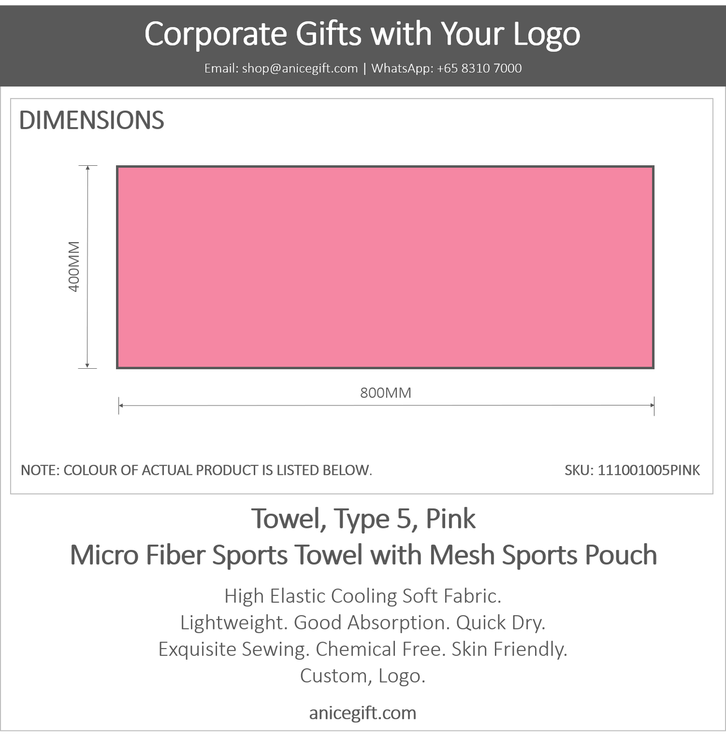 Towel, Type 5, Pink | Micro Fiber Sports Towel with Mesh Sports Pouch
