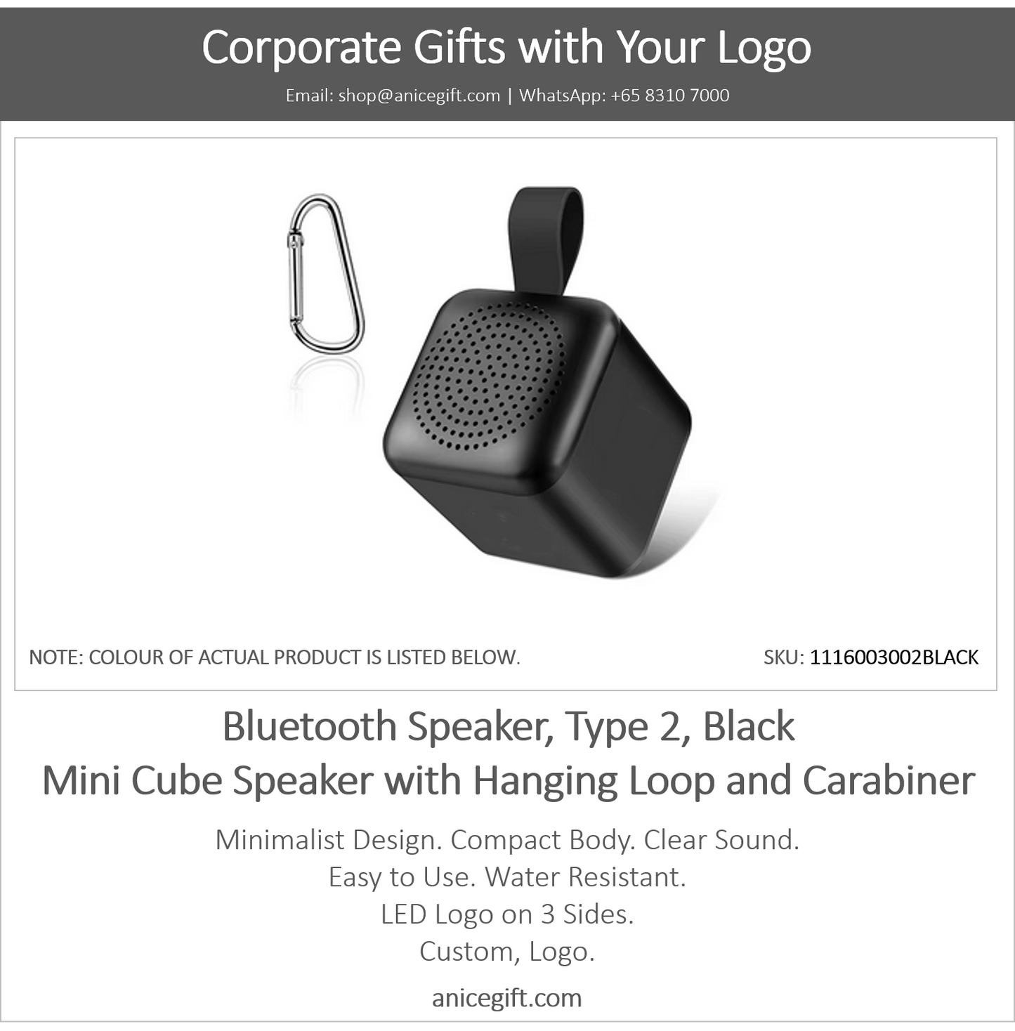 Bluetooth Speaker, Type 2, Black | Mini Cube Speaker with Hanging Loop and Carabiner