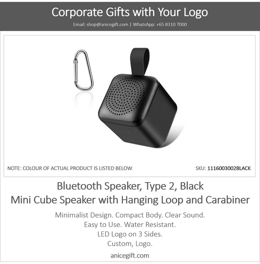 Bluetooth Speaker, Type 2, Black | Mini Cube Speaker with Hanging Loop and Carabiner