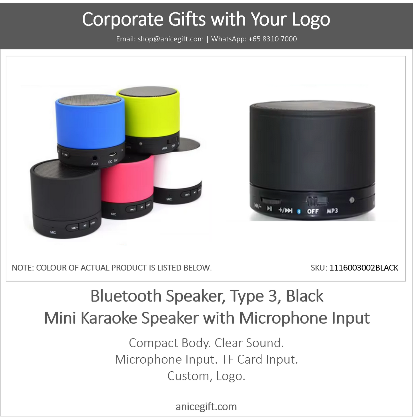 Bluetooth Speaker, Type 3, Black | Mini Karaoke Speaker with Microphone Input