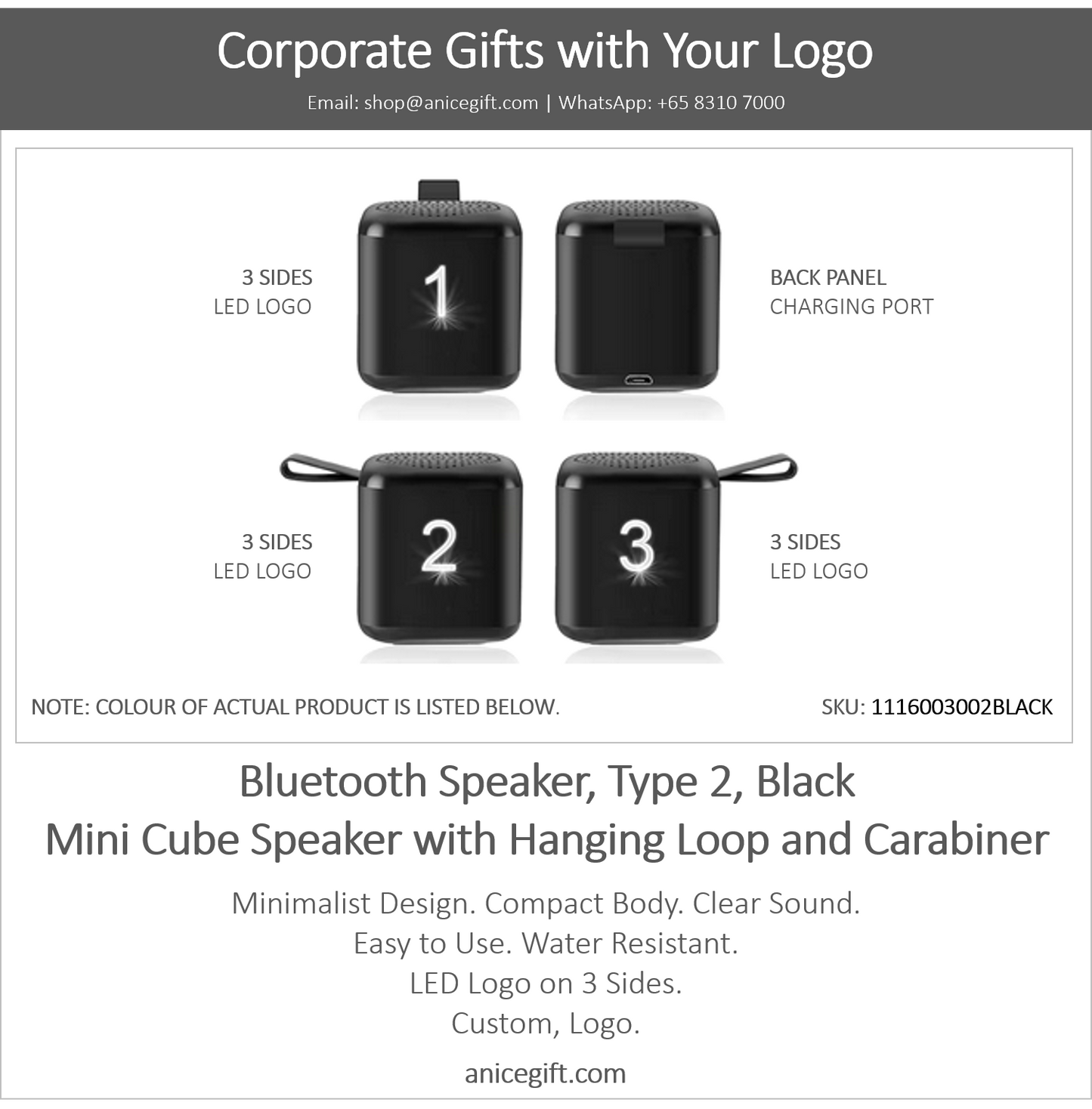Bluetooth Speaker, Type 2, Black | Mini Cube Speaker with Hanging Loop and Carabiner