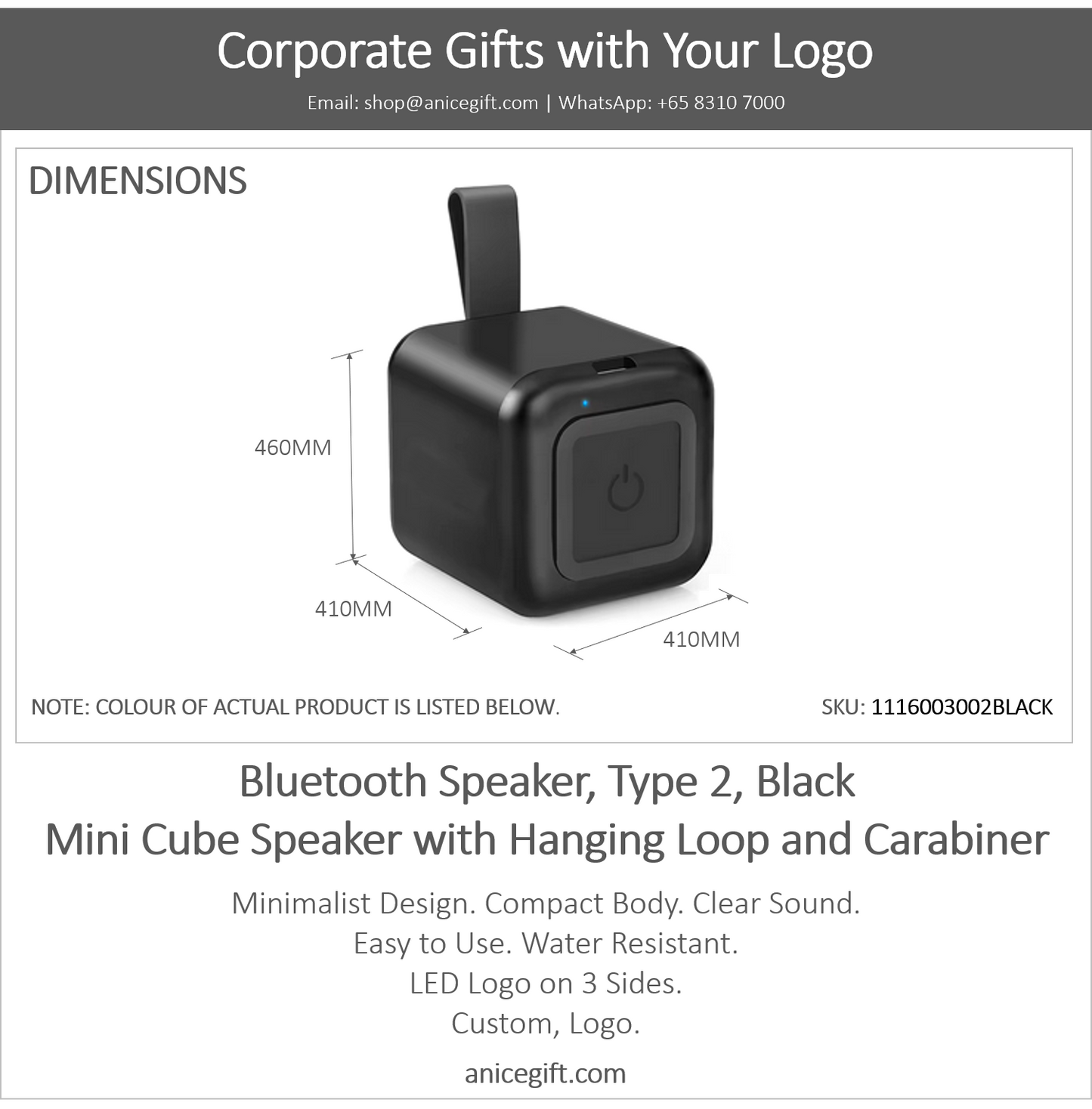 Bluetooth Speaker, Type 2, Black | Mini Cube Speaker with Hanging Loop and Carabiner
